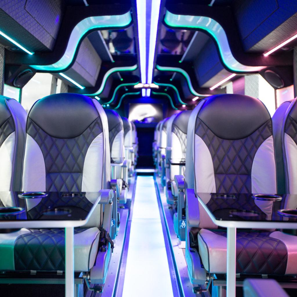 Interior of party bus dublin with led lighting and sound system