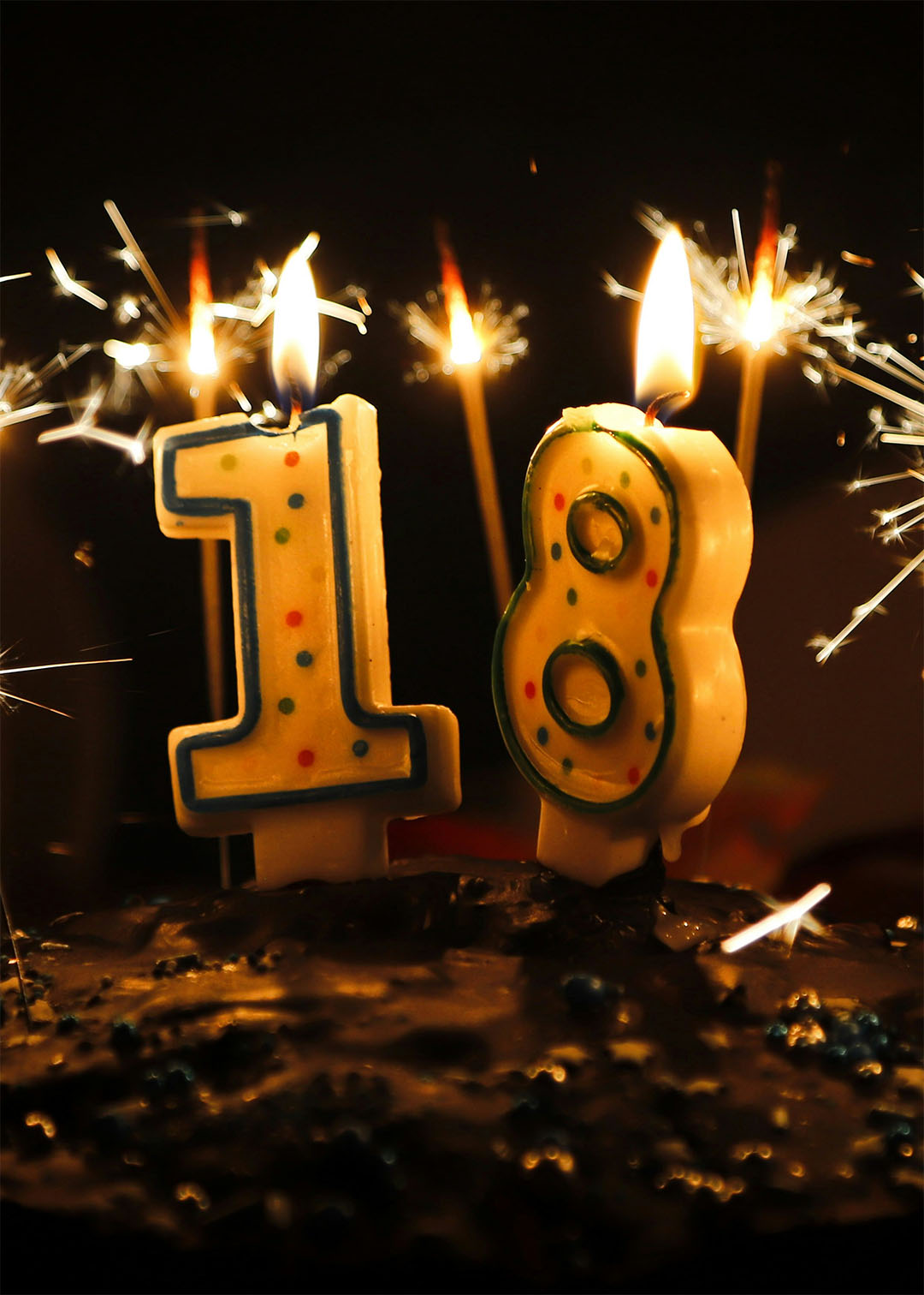 18th birthday party number candles and sparklers lit on a chocolate cake