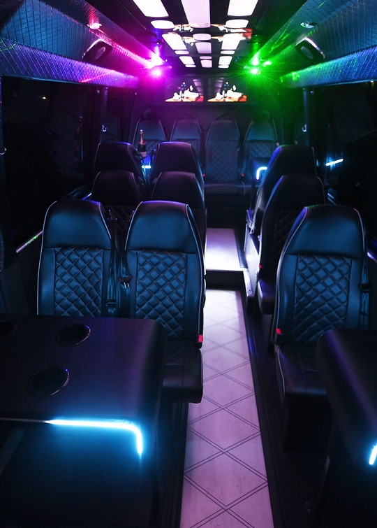 VIP Buses 2010 Mercedes Sprinter 16 Seater Party Bus aisle forward tables lit cyan either side