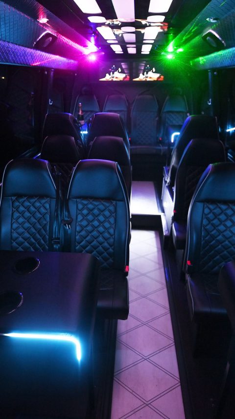 VIP Buses 2010 Mercedes Sprinter 16 Seater Party Bus aisle forward tables lit cyan either side