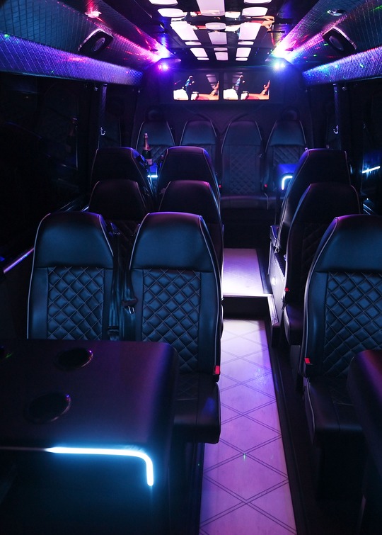 VIP Buses 2010 Mercedes Sprinter 16 Seater Party Bus aisle forward under violet ceiling light