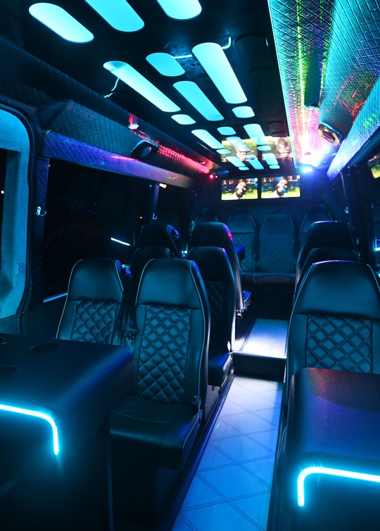 VIP Buses 2010 Mercedes Sprinter 16 Seater Party Bus cabin looking forward with screens on