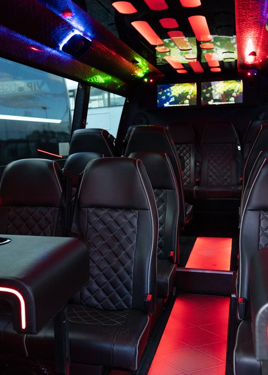 VIP Buses 2010 Mercedes Sprinter 16 Seater Party Bus cabin under red and blue LEDs wide view