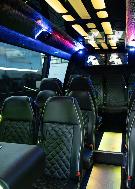 VIP Buses 2010 Mercedes Sprinter 16 Seater Party Bus cabin with warm ceiling panels and screens