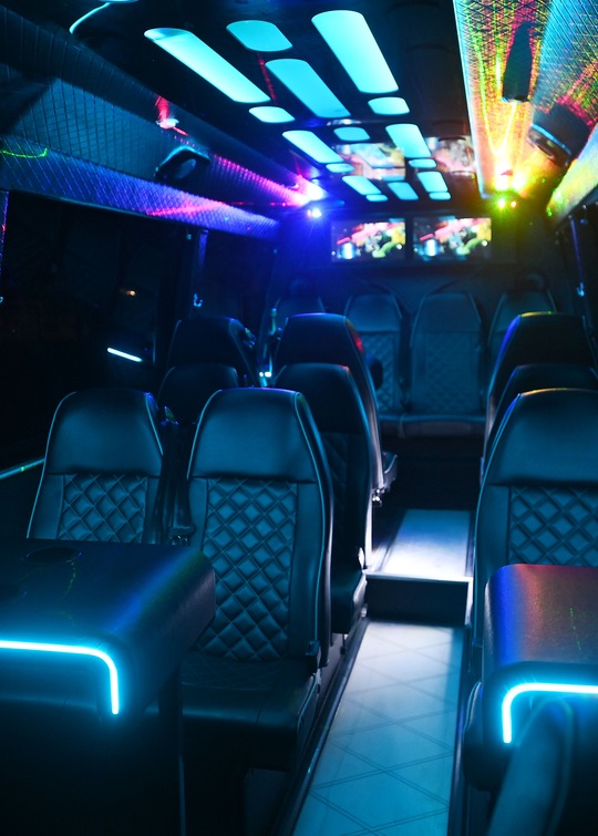 VIP Buses 2010 Mercedes Sprinter 16 Seater Party Bus cyan cabin with tables either side of the aisle