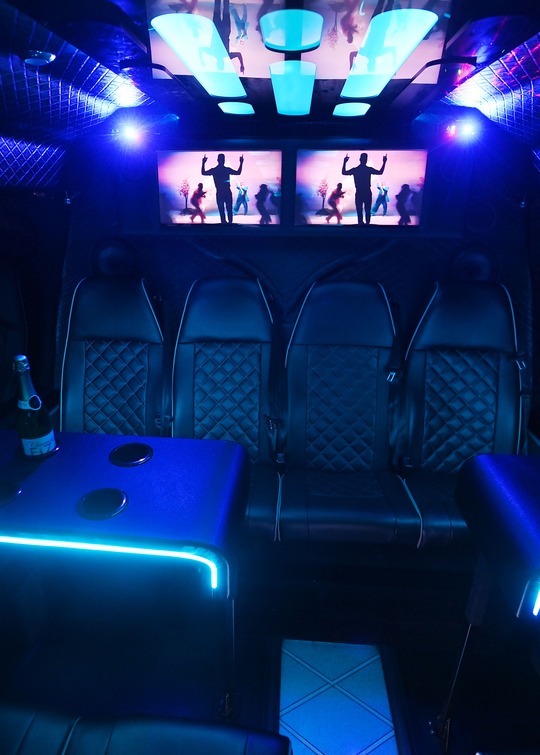 VIP Buses 2010 Mercedes Sprinter 16 Seater Party Bus rear bench square on dancers on the screens