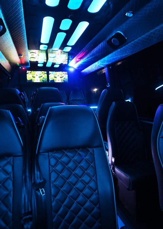 VIP Buses 2010 Mercedes Sprinter 16 Seater Party Bus seat backs low and wide with the ceiling lit blue
