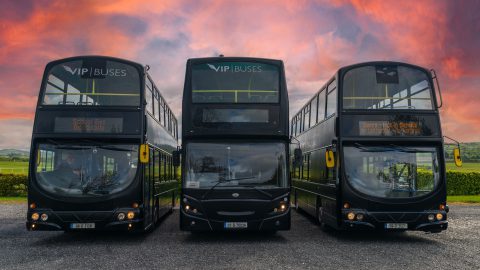 VIP Buses Double Decker Bus three parked side by side at the depot under a red sunset
