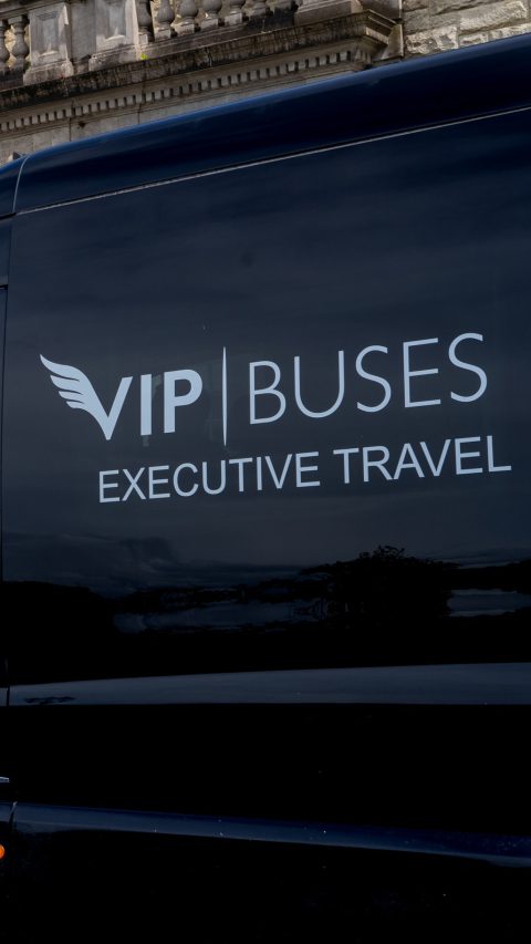 VIP Buses Fleet Lineup a black Sprinter and a white transit nose to tail