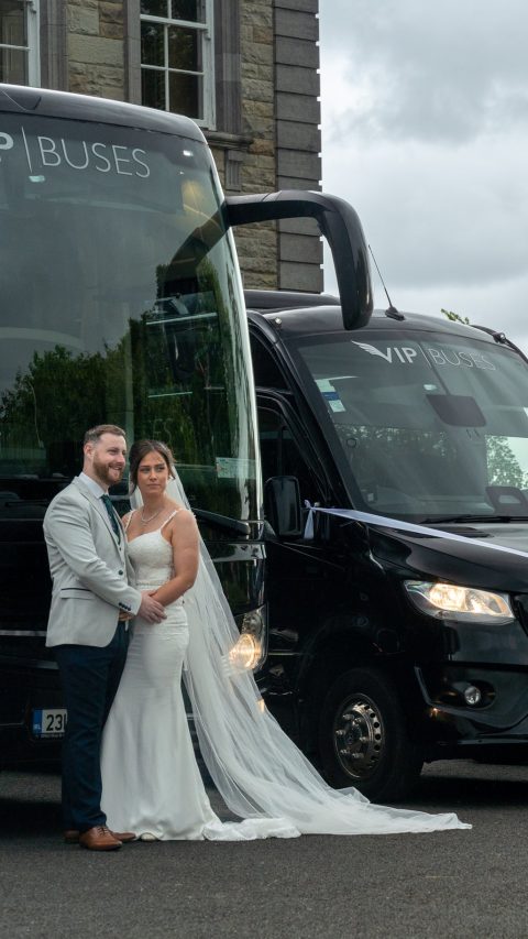 VIP Buses Fleet Lineup with the bride and groom beside the wedding fleet