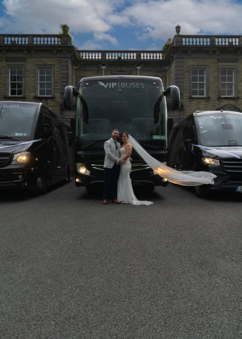 VIP Buses Fleet Lineup with the couple before the coach and two minibuses
