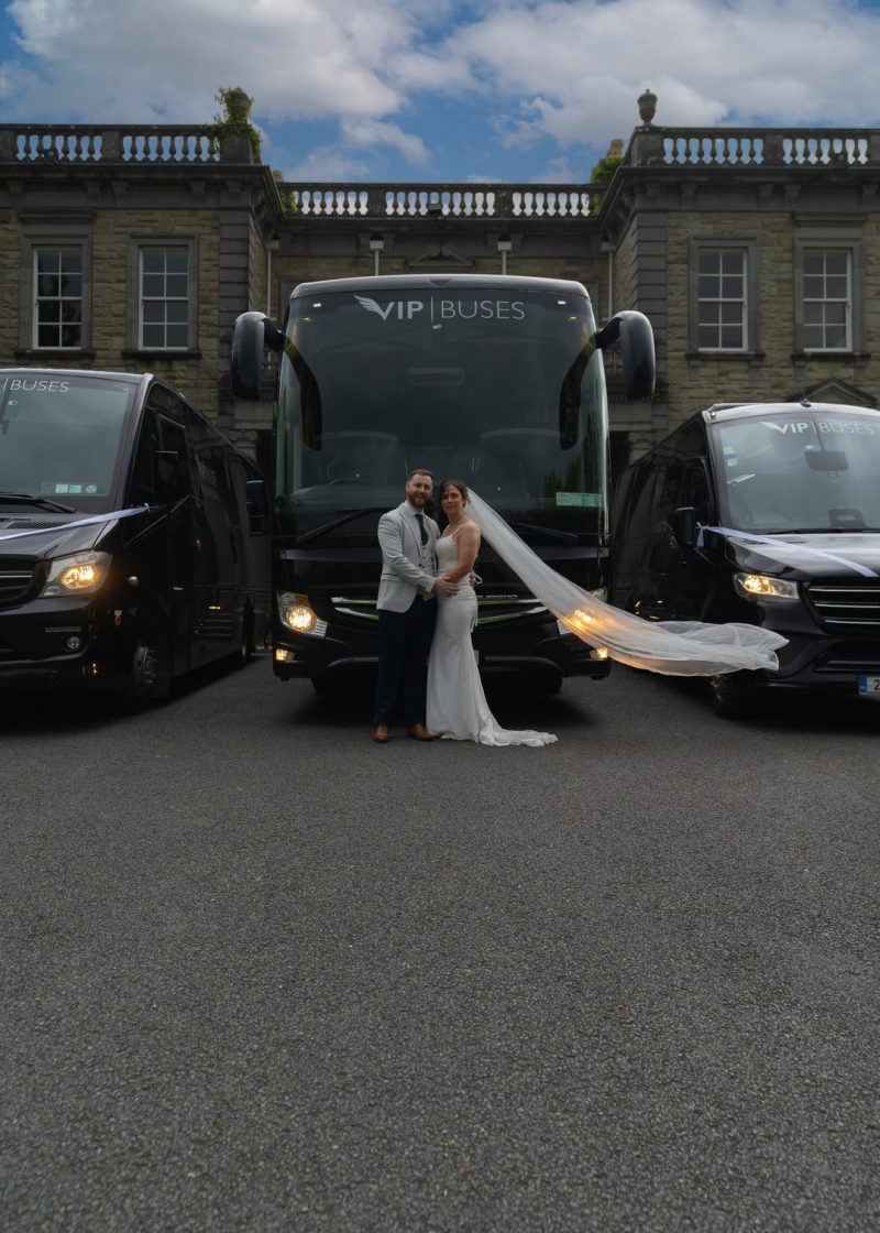 VIP Buses Fleet Lineup with the couple before the coach and two minibuses