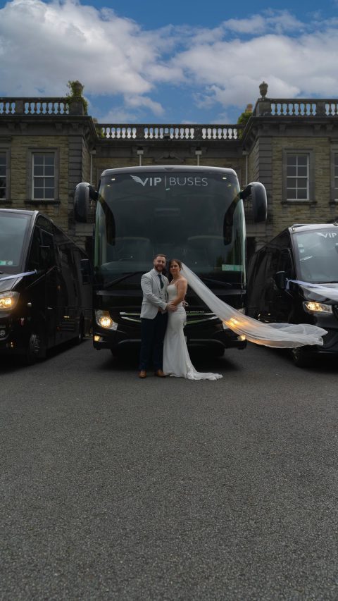 VIP Buses Fleet Lineup with the couple before the coach and two minibuses