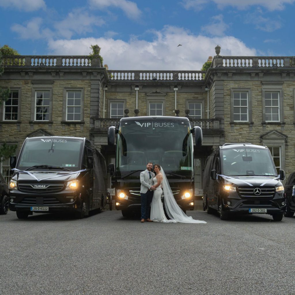 VIP Buses Fleet Lineup with the bride and groom before the full wedding fleet
