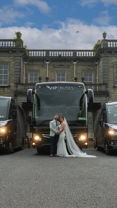VIP Buses Fleet Lineup with the bride and groom before the full wedding fleet