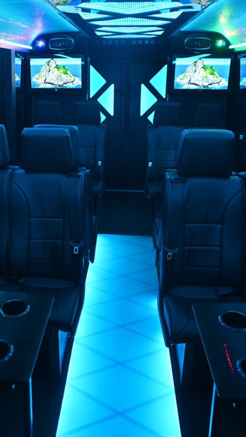 VIP Buses Iveco 16 Seater Party Bus cabin square down the aisle island scenes on every screen
