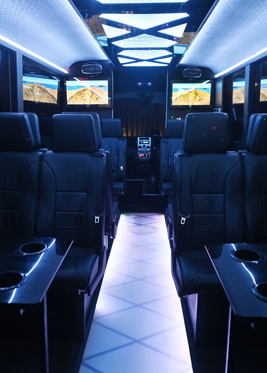 VIP Buses Iveco 16 Seater Party Bus cabin with desert footage on the screens