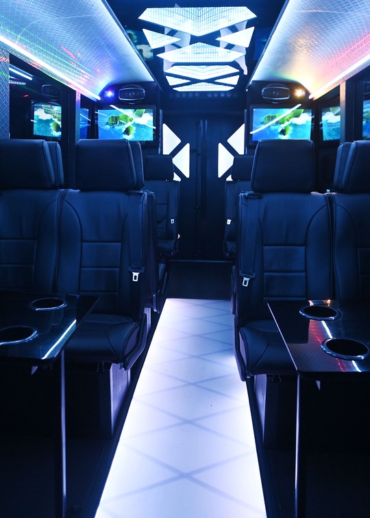 VIP Buses Iveco 16 Seater Party Bus cabin with turtle footage on the screens