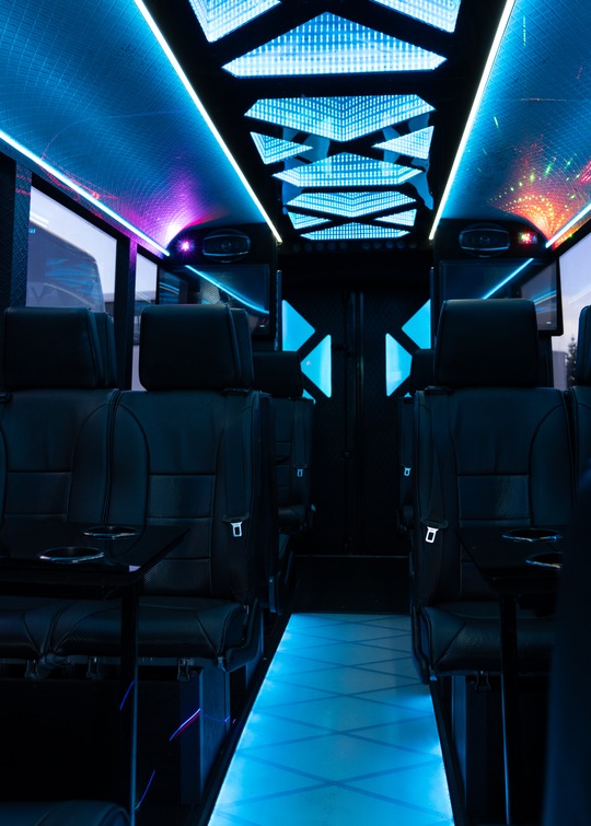 VIP Buses Iveco 16 Seater Party Bus cyan cabin down the aisle