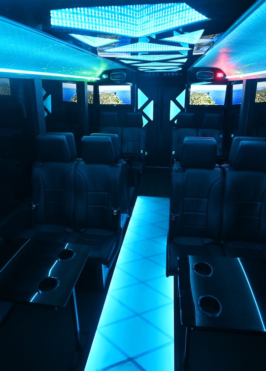 VIP Buses Iveco 16 Seater Party Bus cyan cabin with the lit floor