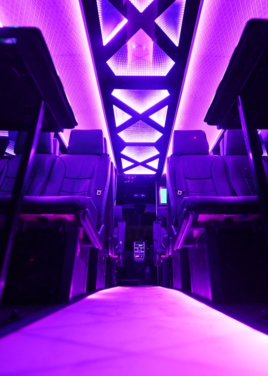 VIP Buses Iveco 16 Seater Party Bus low centred shot up the violet ceiling spine to the cab ceiling is the
