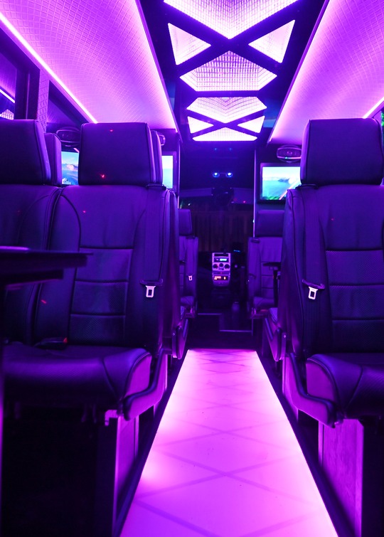VIP Buses Iveco 16 Seater Party Bus violet cabin down the aisle