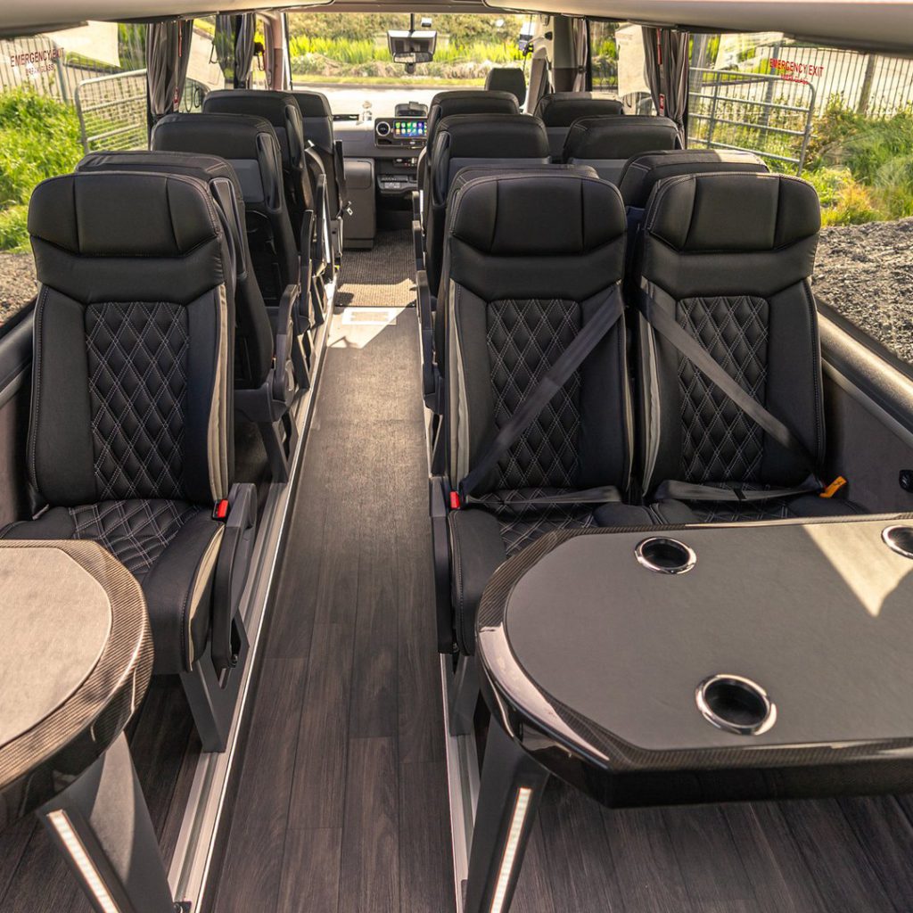 VIP Buses Mercedes Sprinter 16 Seater Minibus aisle forward with tables either side
