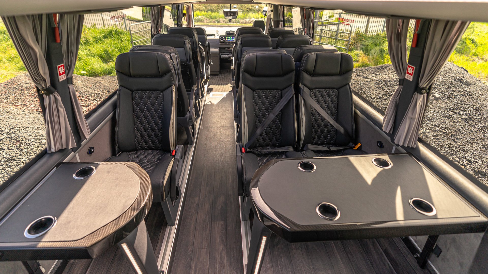 VIP Buses Mercedes Sprinter 16 Seater Minibus aisle forward with tables either side