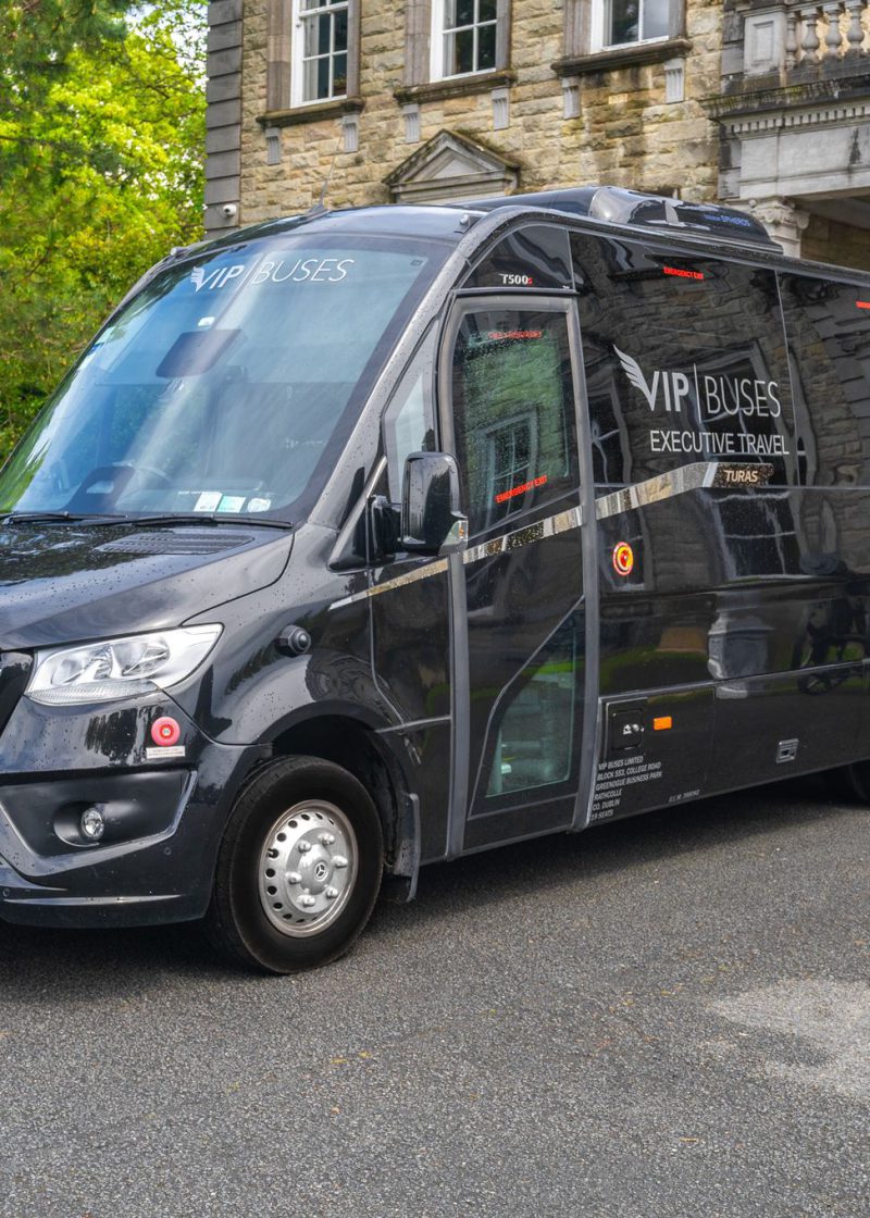 VIP Buses Mercedes Sprinter 16 Seater Minibus front three quarter under a blue sky