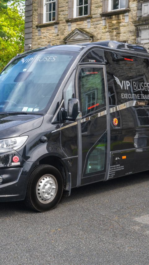 VIP Buses Mercedes Sprinter 16 Seater Minibus front three quarter under a blue sky