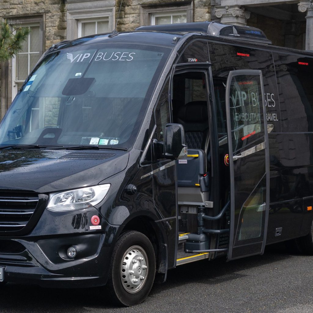 VIP Buses Mercedes Sprinter 16 Seater Minibus front three quarter with the door open