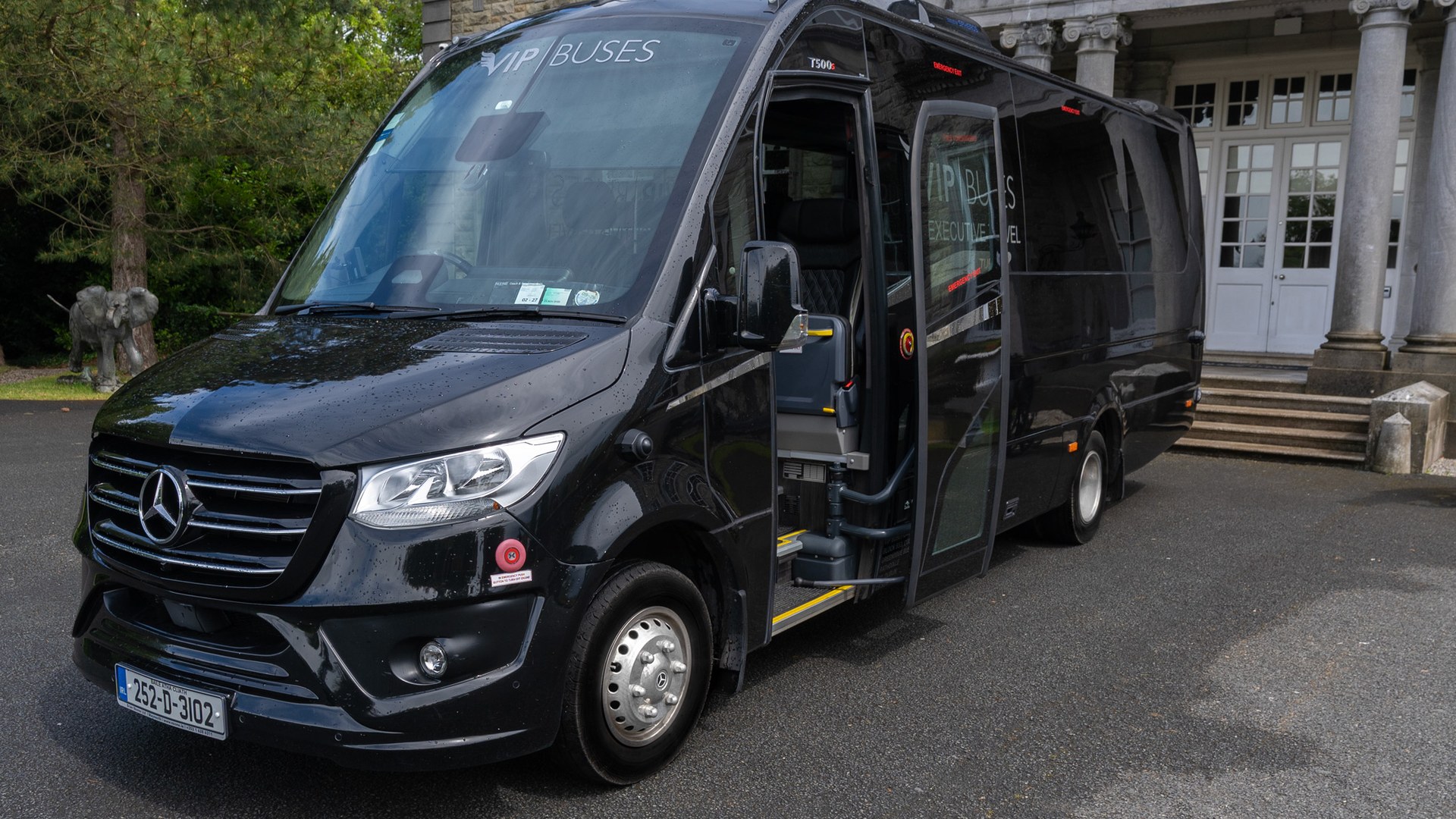 VIP Buses Mercedes Sprinter 16 Seater Minibus front three quarter with the step down