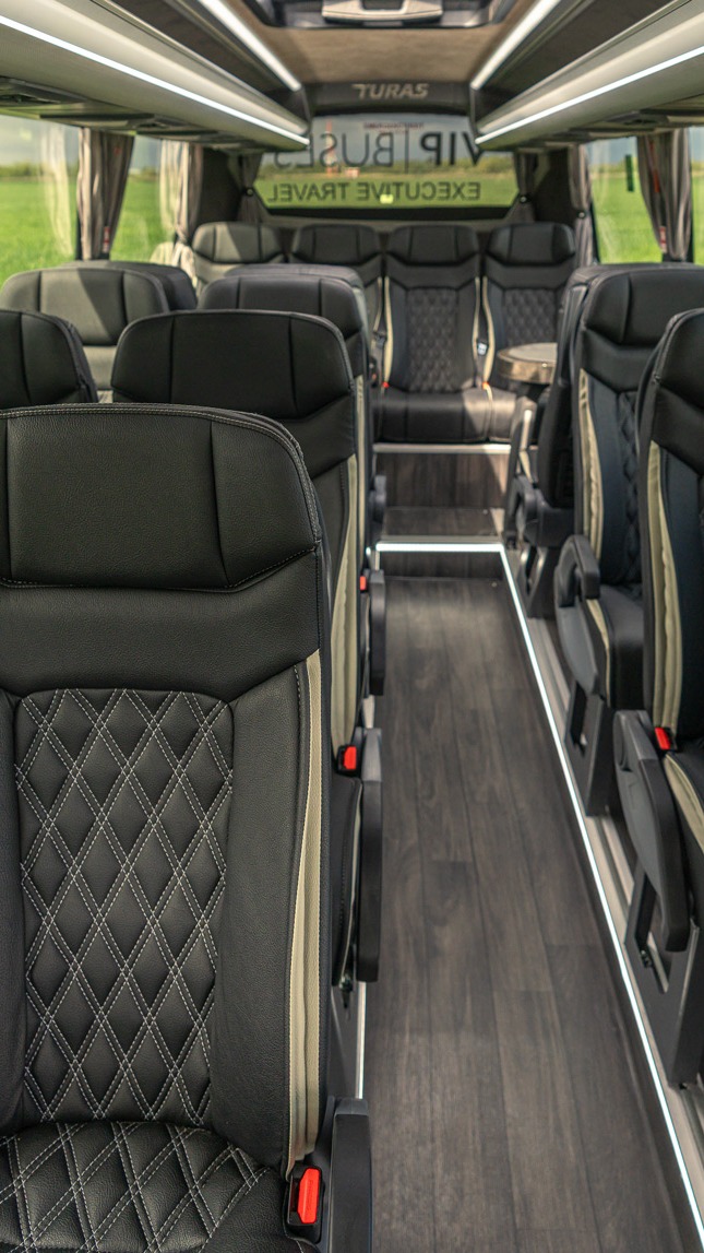 VIP Buses Mercedes Sprinter 16 Seater Minibus past two abreast and single seats