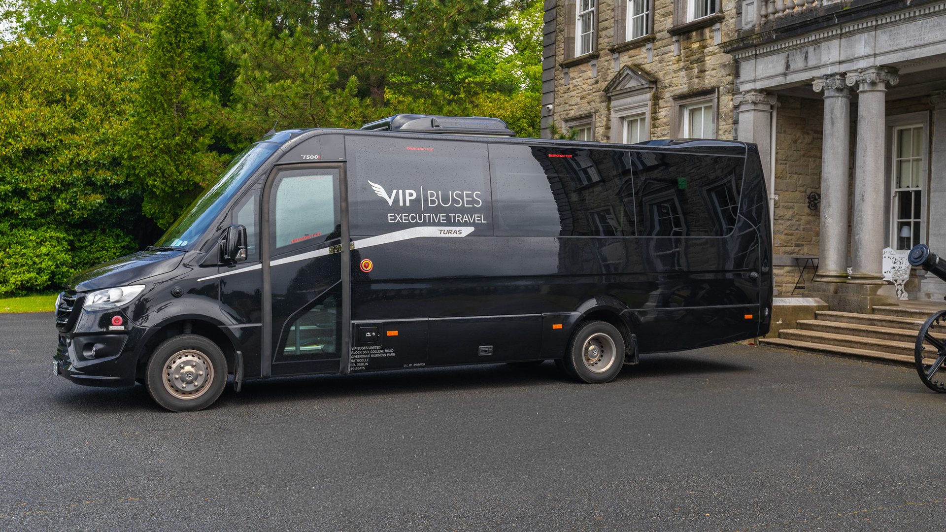 VIP Buses Mercedes Sprinter 16 Seater Minibus side profile with the executive travel livery