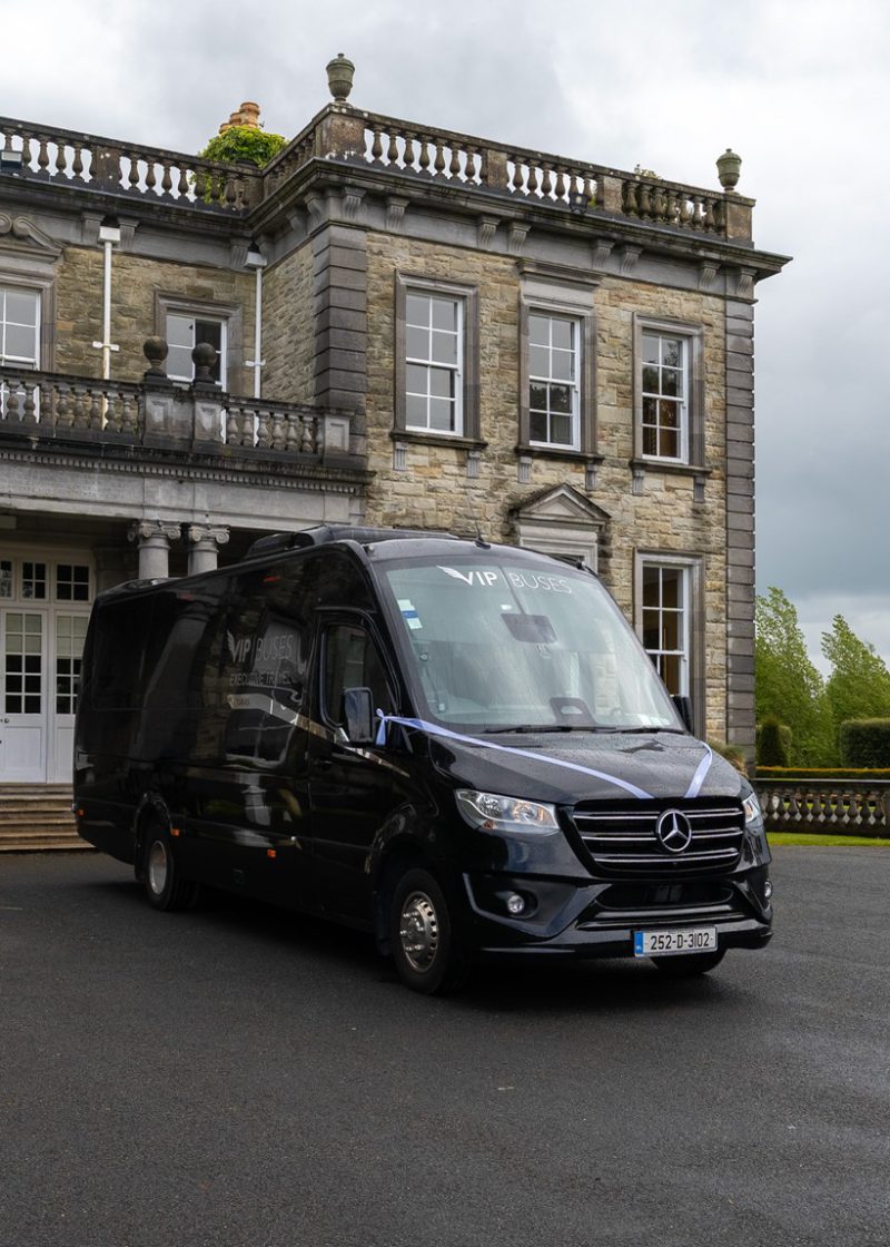 VIP Buses Mercedes Sprinter 16 Seater Minibus side view outside the country house