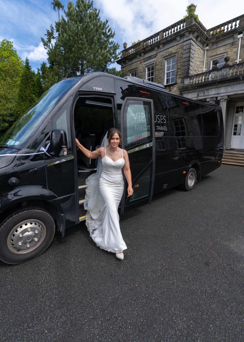 VIP Buses Mercedes Sprinter 16 Seater Minibus with the bride stepping down from the doorway