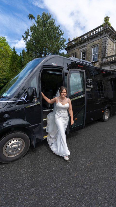 VIP Buses Mercedes Sprinter 16 Seater Minibus with the bride stepping down from the doorway