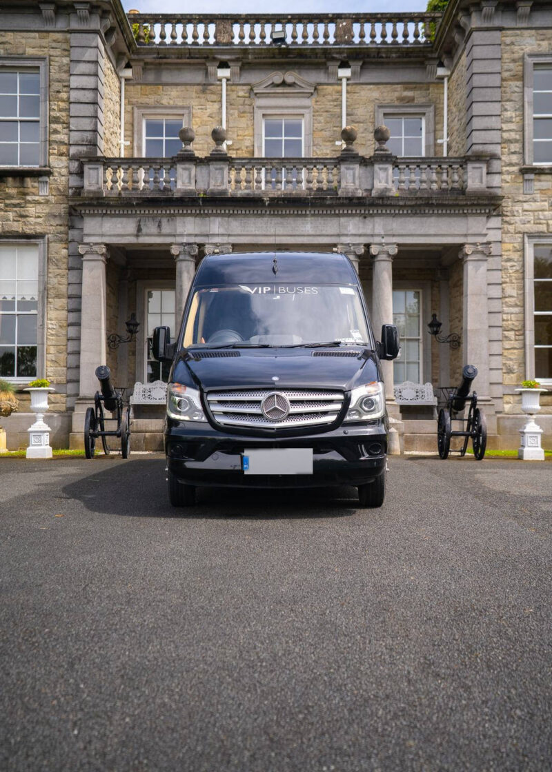 VIP Buses Mercedes Sprinter 9 Seater Minibus head on between two cannons below the portico