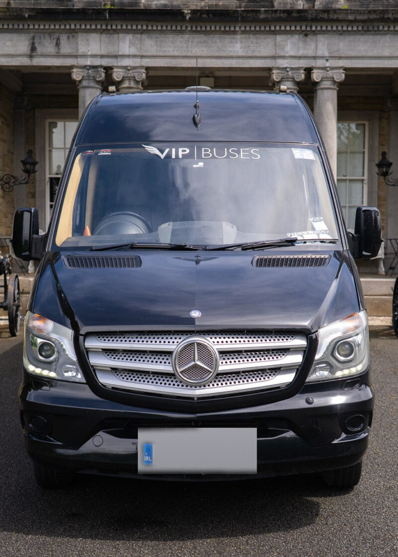 VIP Buses Mercedes Sprinter 9 Seater Minibus head on with cannons and stone urns either side