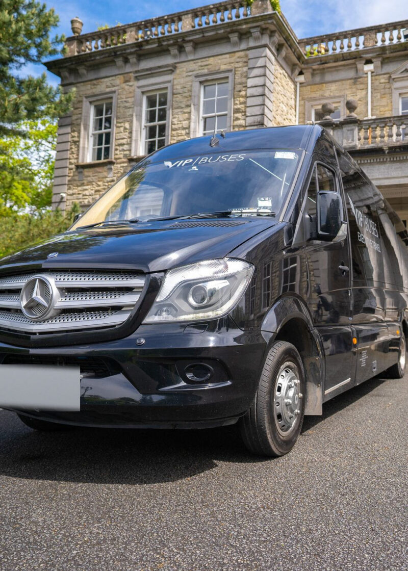 VIP Buses Mercedes Sprinter 9 Seater Minibus low angle close to the grille by the steps