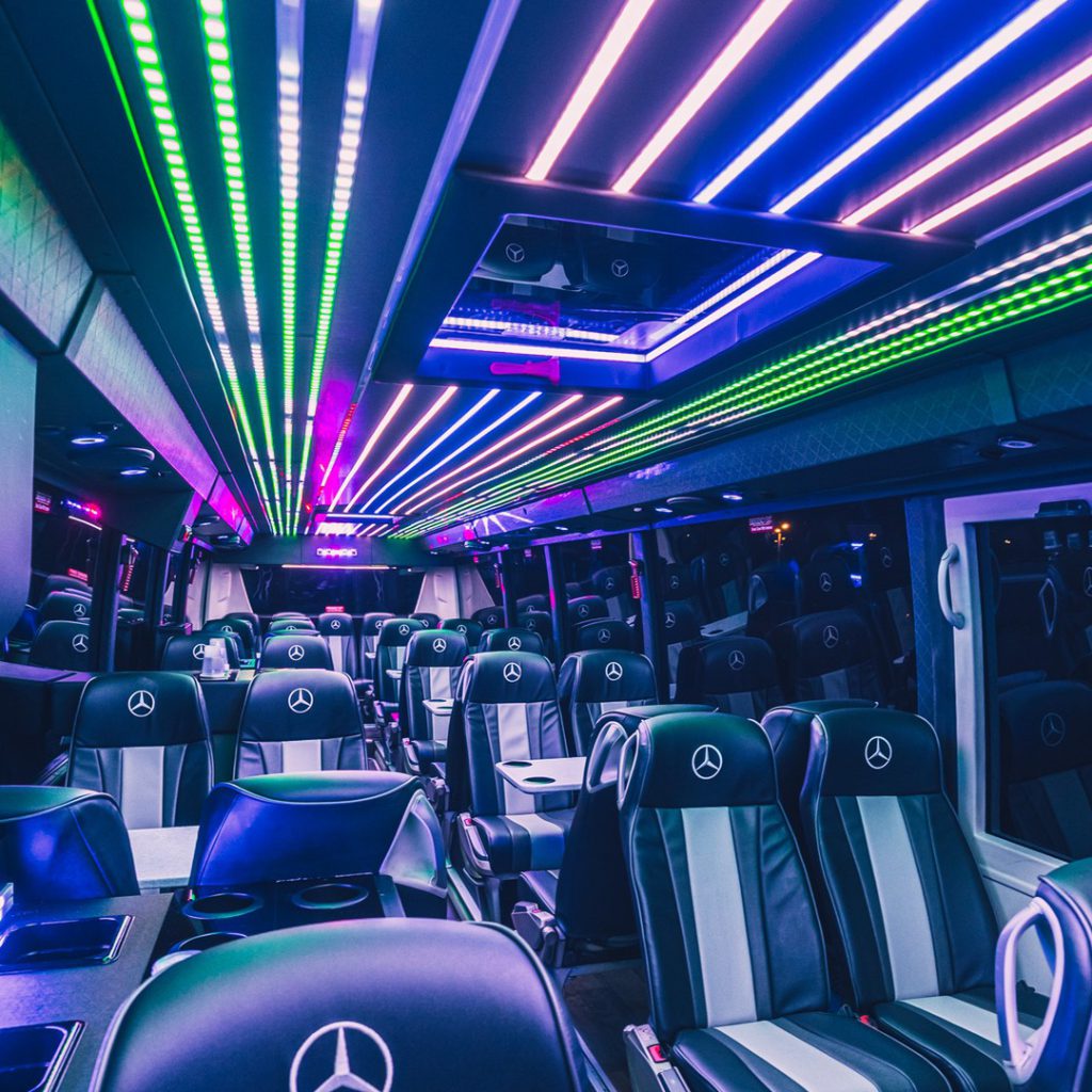 VIP Buses Mercedes Turismo 41 Seater Coach aisle at night with multicoloured ceiling LEDs