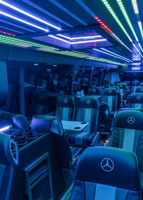 VIP Buses Mercedes Turismo 41 Seater Coach aisle at night with the drinks console in front