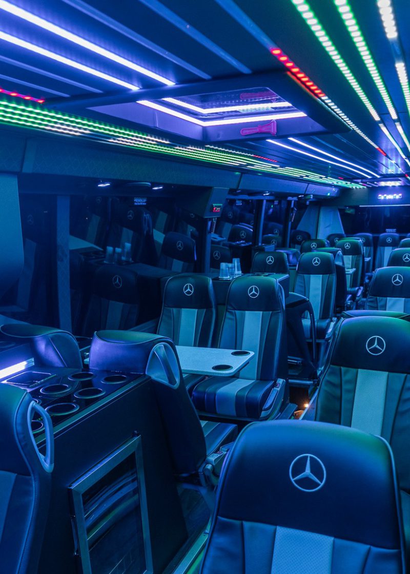 VIP Buses Mercedes Turismo 41 Seater Coach aisle at night with the drinks console in front