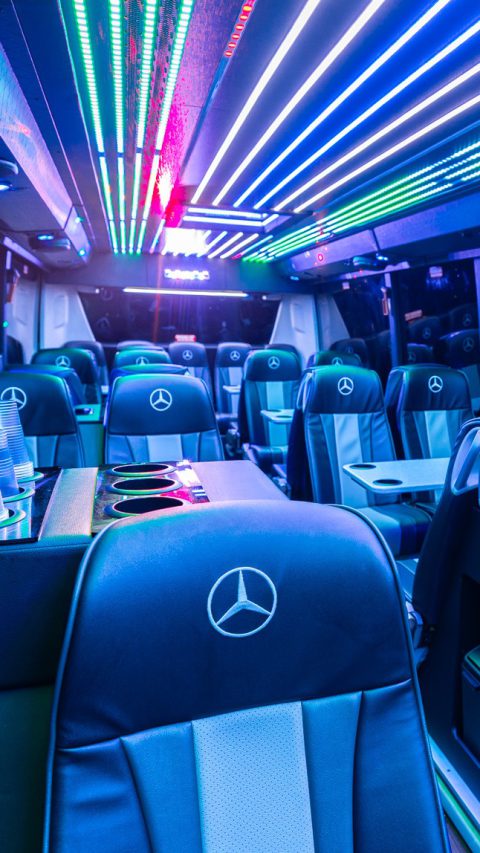 VIP Buses Mercedes Turismo 41 Seater Coach Dublin stacked glasses on the drinks console
