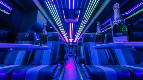 VIP Buses Mercedes Turismo 41 Seater Coach interior at night with champagne on the tables