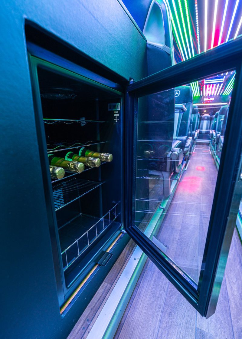 VIP Buses Mercedes Turismo 41 Seater Coach open drinks fridge stocked with bottles