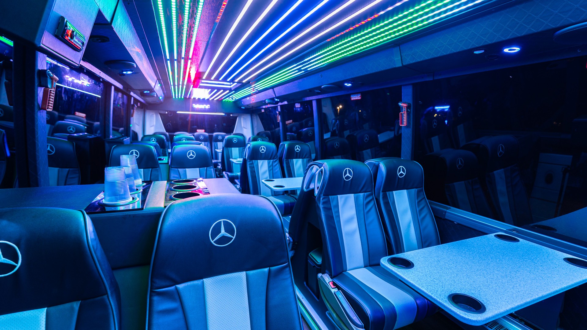 VIP Buses Mercedes Turismo 41 Seater Coach stacked glasses on the drinks console