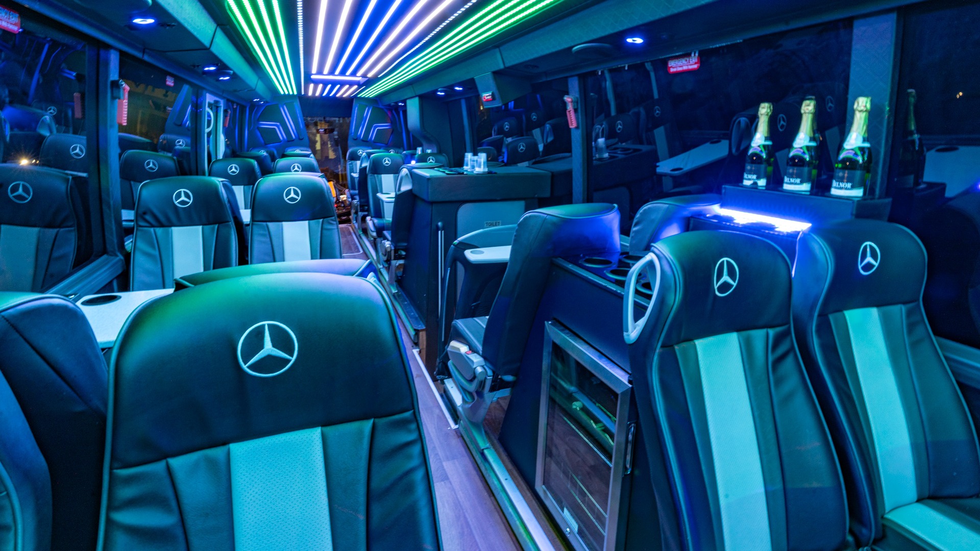 VIP Buses Mercedes Turismo 41 Seater Coach the drinks console and glasses under blue LEDs