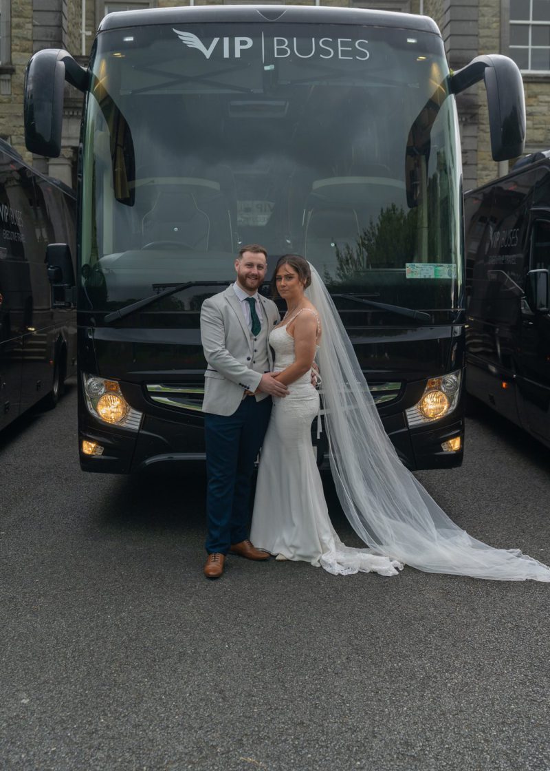 VIP Buses Mercedes Turismo 41 Seater Coach with the bride and groom in front of the coach